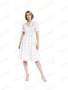 Karl Lagerfeld Paris White Cotton Shirtdress XS Belted A-Line Floral Appliqué